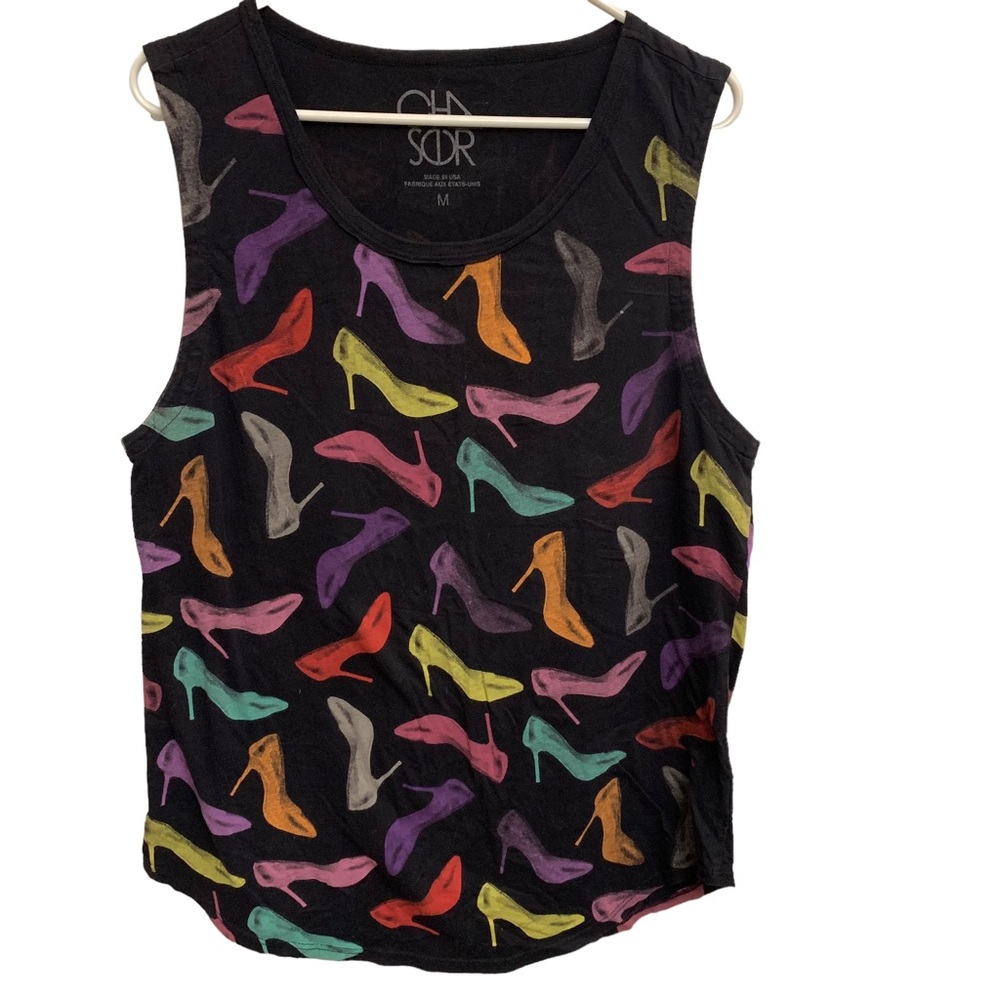 Chasor Black Colorful High Heel Print Relaxed Fit Tank Top M
